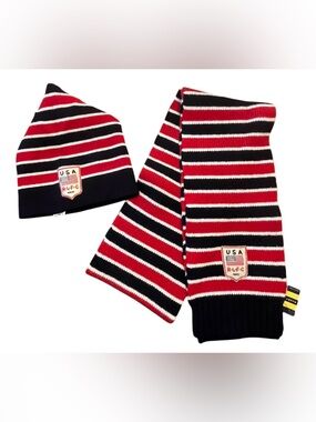 Vintage 2004 Rugby Ralph Lauren USA/Flag Logo Striped Hat and Scarf Set